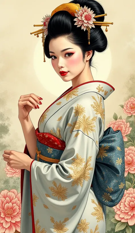  the detailed proportions and textures brushed multicolored and softened with airbrush , a semi-realistic Chinese ink illustration A young traditional geisha of from the Edo period is shown (full body, pose and in high quality) in traditional Japanese (wes...