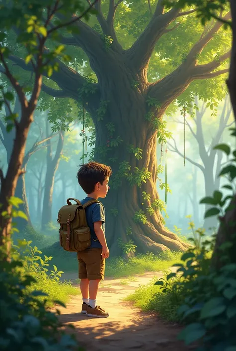 A young boy with a backpack, walking along a sunlit path in the forest, his face filled with curiosity as he approaches the Wishing Tree.