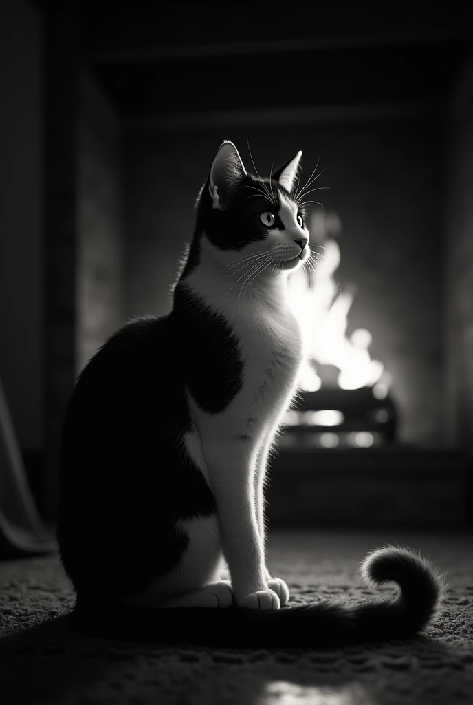 Black and white cat by the fireplace