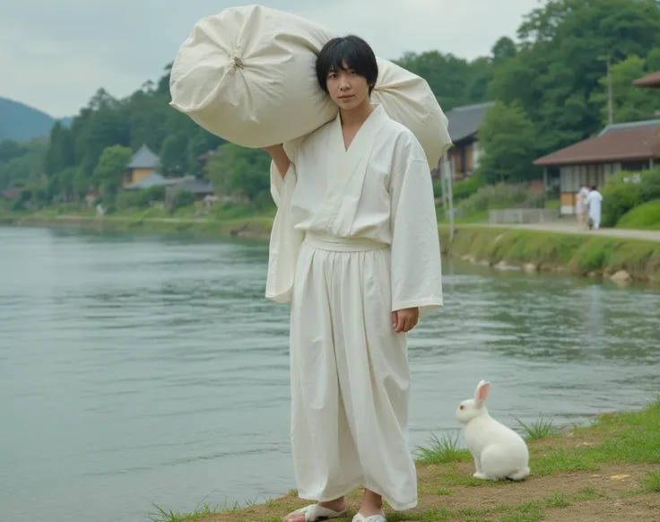 A man with a big bag、 kimono、white、whiteうさぎ、river