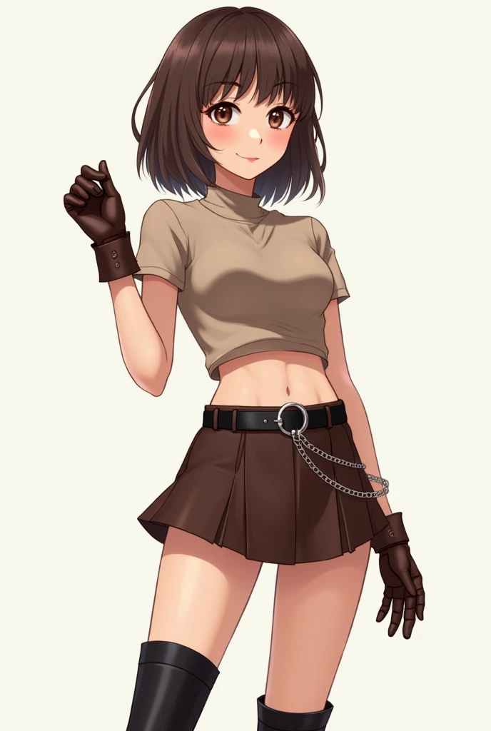 A realistic kpop girl in brown layer cut hair wearing a light brown short double top with brown handgloves and short dark brown short skirt with chain and black belt with black boots in plain background 