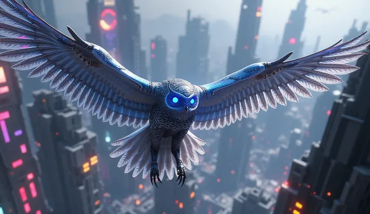 an owl with futuristic  feathers, background city of robots 


