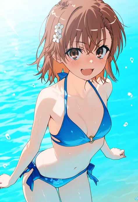 Mikoto Misaka (Misaka Mikoto)Female, brown hair, short hair, small breasts, slender body,(1girl bikini ocean watersplash bubble）best quality ( best quality )、(Nonsense)、( very detailed)、( very beautiful way to hold ) information best quality 、 Ultra-fine、M...