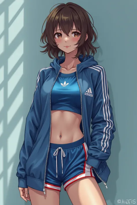   Adidas tight t-shirt with 3 stripes accentuating the chest、   you can see the adidas logo on the coat   。 breasts、 Belly piercing。 The crop t-shirt shows the body line   、  Ultra blue metallic revealing swimsuit that emphasizes the shape of the chest  。 ...