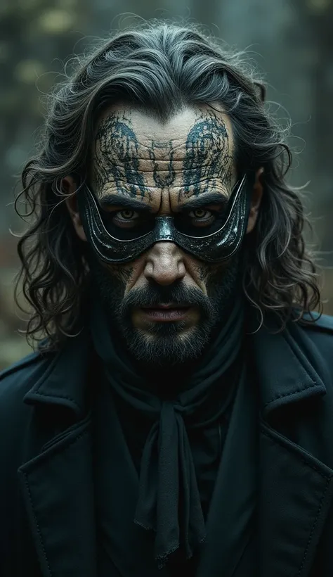 a character from a fantasy movie, he has an unusual metal mask in a gothic style, his face is disfigured by scars and tattoos, and long curly hair as well as a detailed beard and mustache