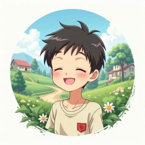 i want a iconic logo that prefer eighteen years old boy who passing cute smile and his eyes would be close with village beautiful background in anime style 