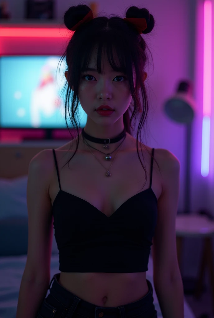 Beautiful young Japanese woman with black hair with a red lock on the front styling in an Asian bun. Wearing a necklace around the neck with a small bell. A pretty black top open at the navel and shoulders. Sexy black jeans. Full front view in a youth bedr...