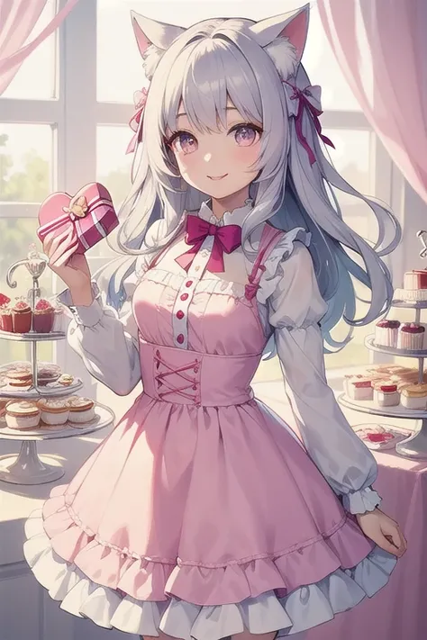 Top quality, high resolution, detailed, beautiful picture quality, one girl, mature atmosphere, cute pale pink dress with frills, cat ears, lolicon feeling, smiling face, cute design based on pink, overall sweet and dreamy atmosphere, sweets, hearts, cakes...