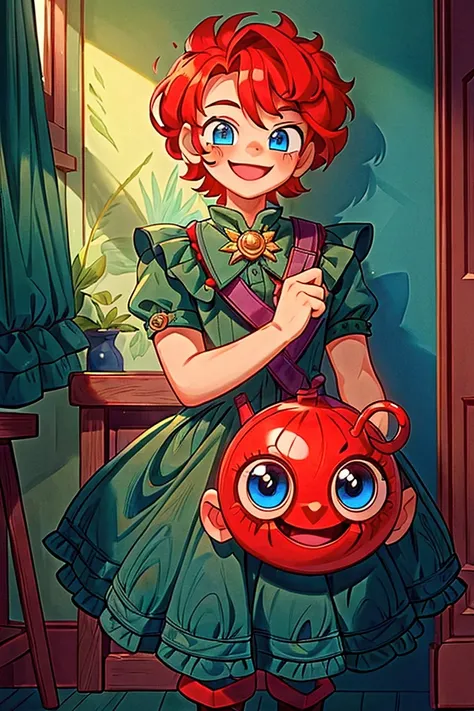 (masterpiece, best quality)  Boy, standing, indoor, intricate detail, sunlight, dark green frill dress, red boots, red hair, smile face, blue eyes, smiley and sexy expression.