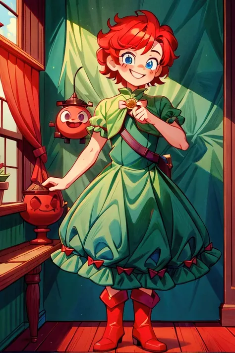 (masterpiece, best quality)  Boy, standing, indoor, intricate detail, sunlight, dark green frill dress, red boots, red hair, smile face, blue eyes, smiley and sexy expression.