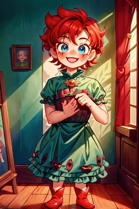 (masterpiece, best quality)  Boy, standing, indoor, intricate detail, sunlight, dark green frill dress, red boots, red hair, smile face, blue eyes, smiley and sexy expression.