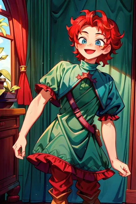 (masterpiece, best quality)  Boy, standing, indoor, intricate detail, sunlight, dark green frill dress, red boots, red hair, smile face, blue eyes, smiley and sexy expression.