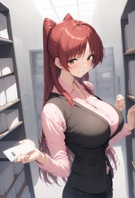 Takasaka_Tamaki,  brown eyes, Red Hair,  long hair,  black suit,  pink shirt、Data Room,smile、Handing over business cards、 best quality, masterpiece,Side view 、Bookshelf、dim、