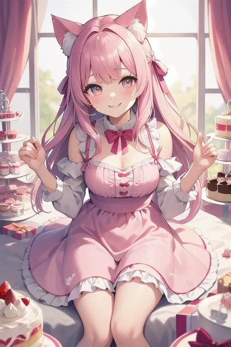 Top quality, high resolution, detailed, beautiful image quality, one girl, mature atmosphere, 24 years old, cute pale pink dress with frills, cat ears, lolicon feeling, smiling face, cute design based on pink, overall sweet and dreamy atmosphere, sweets, h...