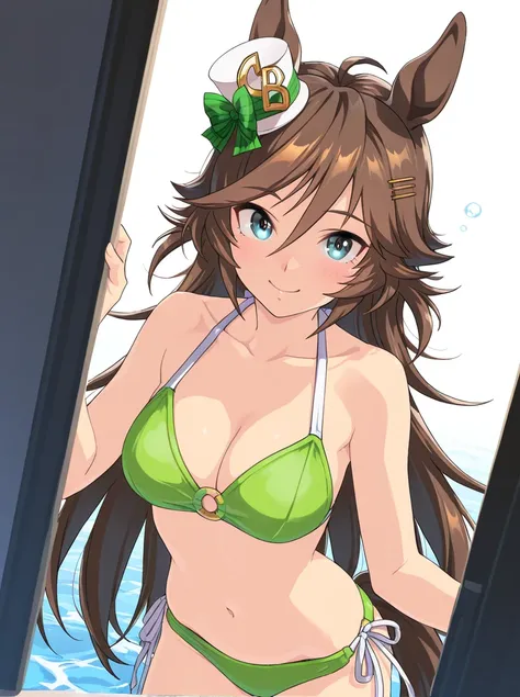 Uma Musume, c.b.Mr. Miss.\(Uma Musume\)、 One Girl、 horse ears、smile、c.b.\(Uma Musume\),(1girl bikini ocean watersplash bubble）best quality ( best quality )、(Nonsense)、( very detailed)、( very beautiful way to hold ) information best quality 、 Ultra-fine、Mos...