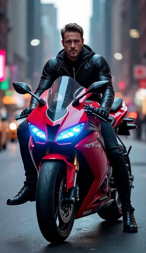  Create Tony Stark and Black Widow sitting on a Yamaha R1 Robotized, with the colors red and black,  in the front lights it has a neon blue color , They are in New York City .  that the image has the three beautiful primary colors .