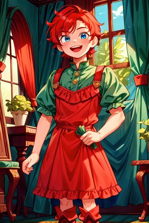 (masterpiece, best quality)  Boy, standing, indoor, intricate detail, sunlight, dark green frill dress, red boots, red hair, smile face, blue eyes, smiley and sexy expression.