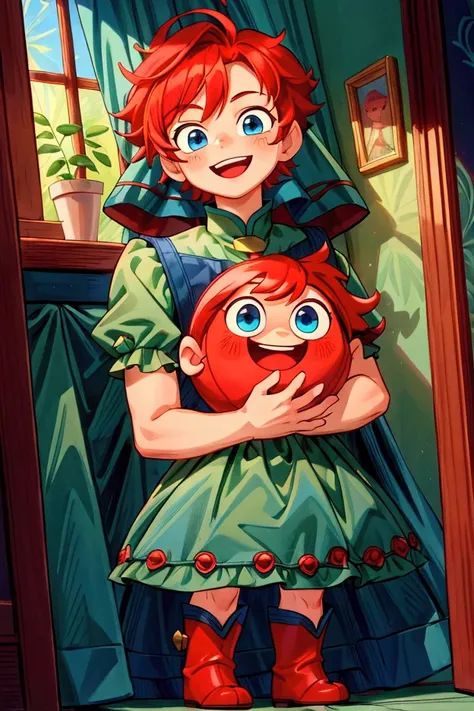 (masterpiece, best quality)  Boy, standing, indoor, intricate detail, sunlight, dark green frill dress, red boots, red hair, smile face, blue eyes, smiley and sexy expression.