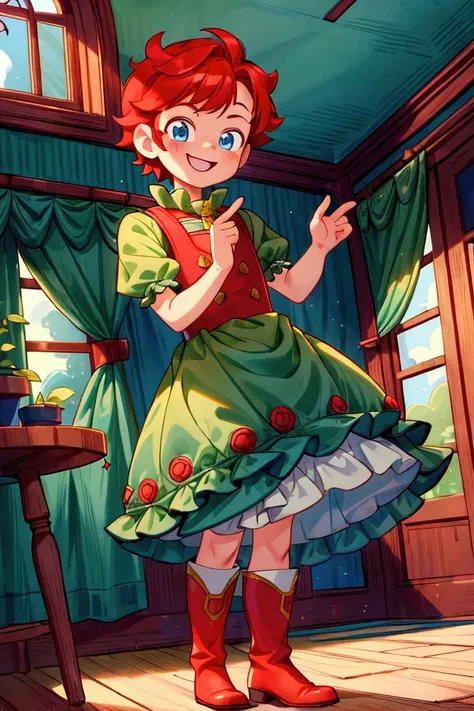 (masterpiece, best quality)  Boy, standing, indoor, intricate detail, sunlight, dark green frill dress, red boots, red hair, smile face, blue eyes, smiley and sexy expression.