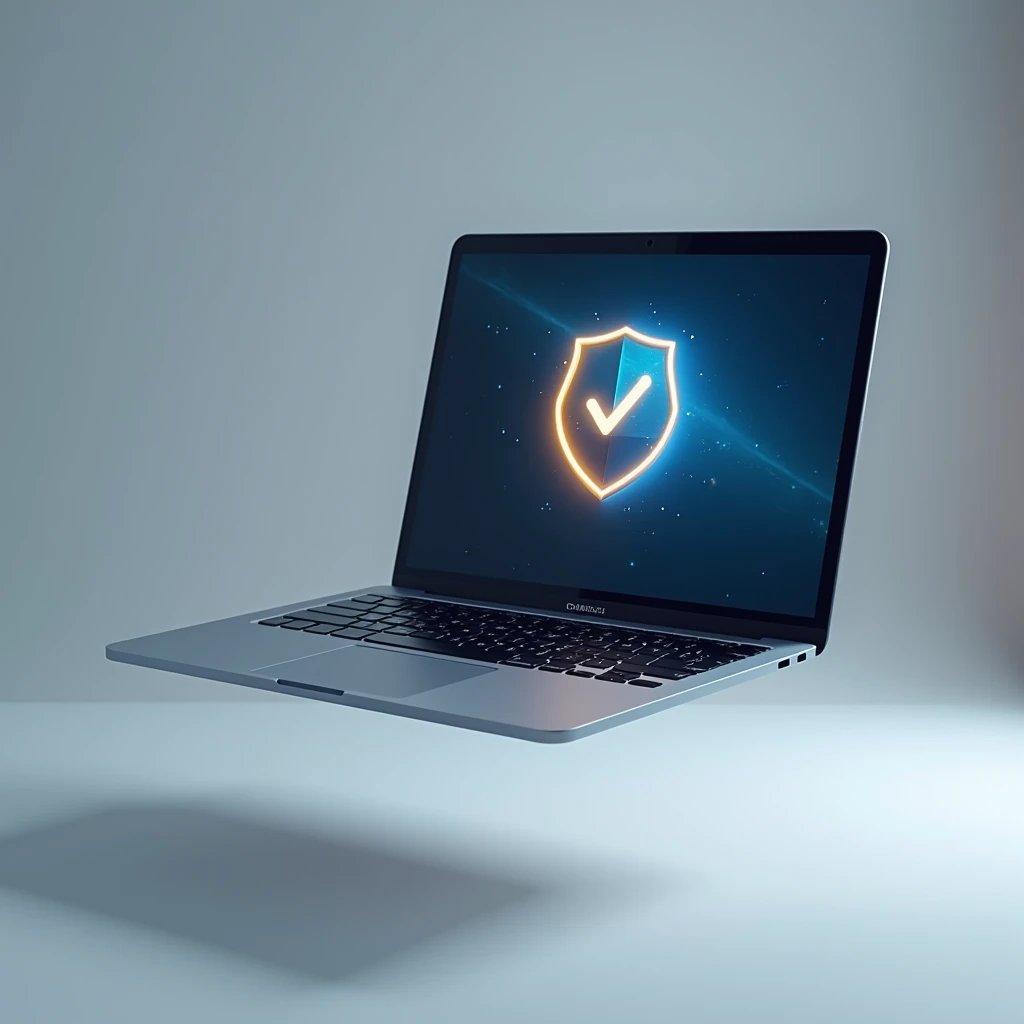 A floating laptop, with a blue and gold digital certificate icon on the screen. Focus on screen, soft lighting, minimalist style. The image must be realistic
