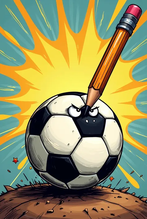 A soccer ball pierced by a pencil in comic style