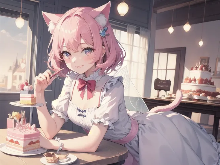 Top quality, high resolution, detailed, beautiful image quality, one girl, mature atmosphere, 24 years old, cute pale pink dress with frills, cat ears, short hair, lolicon feeling, smiling face, cute design based on pink, sweet and dreamy atmosphere overal...