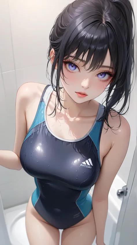 (masterpiece,best quality,ultra detailed,high resolution),(realistic:0.1),(looking viewer),a woman,beautiful eyes,fair-skin,training swimsuit,on the bathroom,