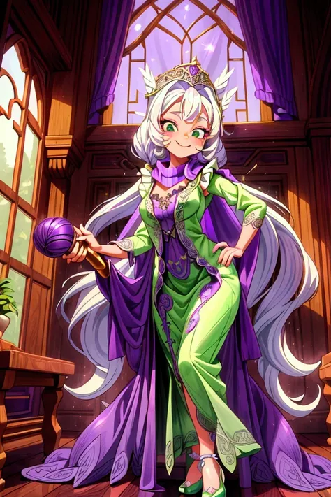 Masterpiece, best quality, 1 old woman, white hair, standing indoors with intricate details and sunlight. purple and green frilled long dress, scarf, purple metallic arm, sexy smiling, sexy pose, coquette, beautiful long legs, mature girl, gorgeous body.