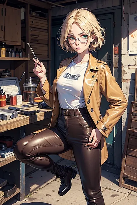 1girl,blonde hair, short hair, ((straight and disheveled bang with partings)), ((bored eyes)), green eyes, white t-shirt, brown leather coat with long sleeves, high brown boots, blue pants, in mechanic shop, (((detailed))), relaxed look, steampunk glasses,...