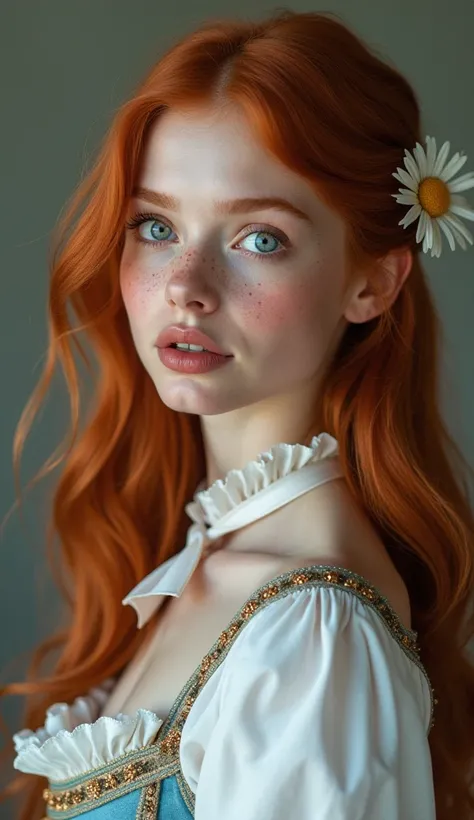 A ginger hair woman (25yo) with long soft waves hair and light blue deer sweet eyes and freckles on the nose and on the cheeks, she has a sweet expression while she's looking at the viewer and a perfect ovale face with a fairly little nose and full lips, w...