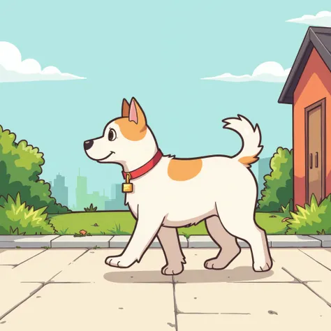 Dog walking outside 、 A simple illustration with no gradation in the background 、Walking on the sidewalk、colorful pattern、illustration、Anime Design、 A clear line、Clear lines 、Thick Line、 simple illustration without gradation。
