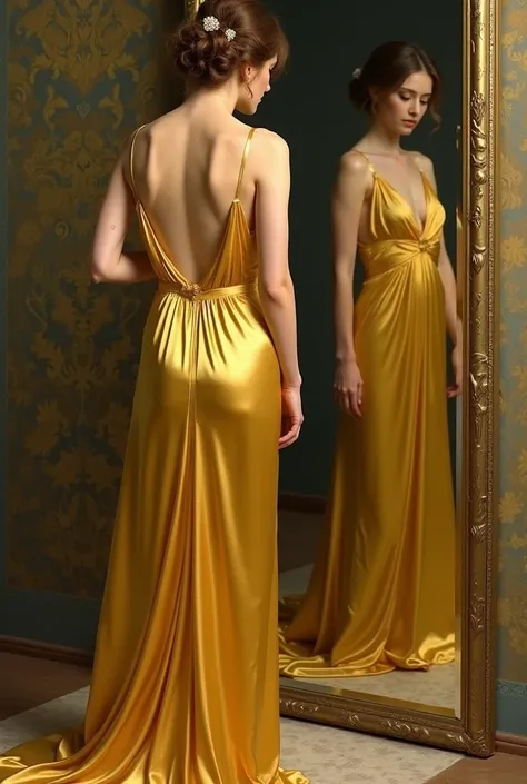 a woman in a gold dress standing in front of a mirror, a picture by Marie Bashkirtseff, tumblr, art nouveau, draped in silky gold, golden dress, gold silk, beautiful silky dress, draped in gold, dressed beautiful gown, elegant gold body, sexy gown, elegant...