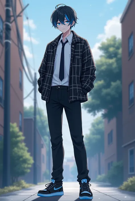 You can make a boy ( men's tie) 21 years old,  white skin, Black hair with light blue,  sky blue eyes, white flannel,  sky blue hair, black sports shoes with light blue ,  anime style 