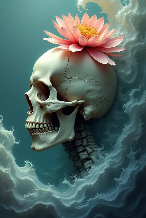 Create a skull of 3/4 on the side with a flower on top and with surreal waves