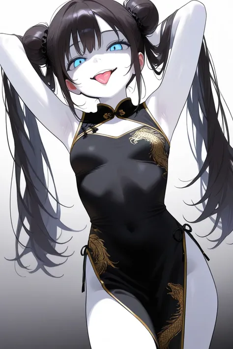 (Best Quality, Background Detail), Best Quality, Original Detail Dynamic Art, Anatomically Correct, Blue Eyes, Image from Waist, Aside, One Girl, Provocative Gaze, (Tongue Out), Evil Smile, (White Skin), Twin Tails in a Bun, Dark Hair, ((Black China Dress)...