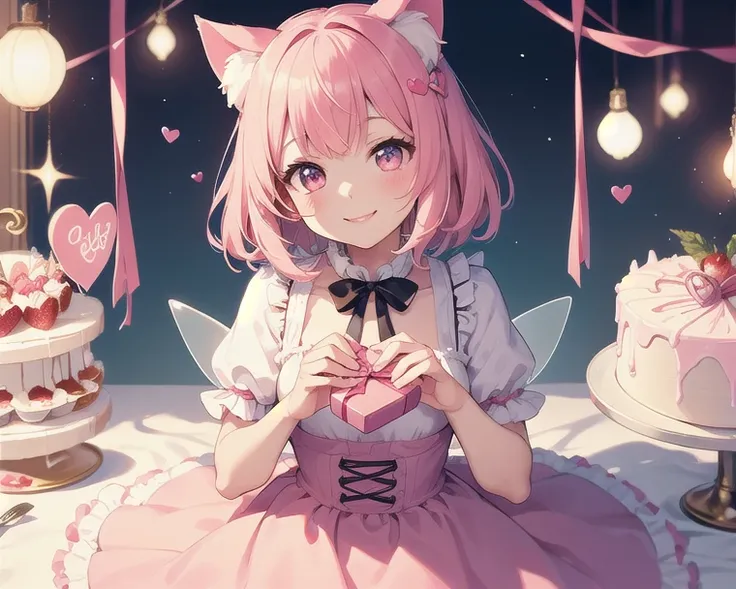 Top quality, high resolution, detailed, beautiful picture quality, one girl, adult atmosphere, cute pale pink dress with frills, cat ears, short hair, lolicon feeling, smiling face, cute design based on pink, overall sweet and dreamy atmosphere, sweets, he...