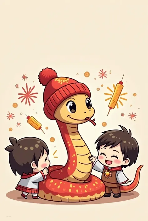  help me generate a cute Q version of the snake wearing New Year clothes and biting characters. The environment is for viewing only，Please don't take pictures to remember 