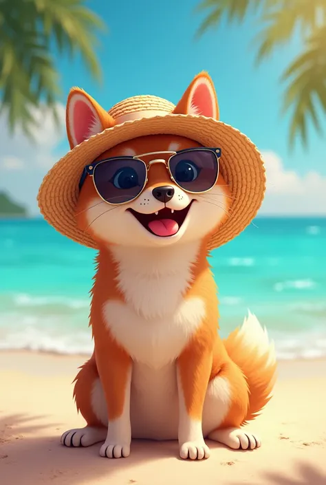 Créez une image avec marqué en français " vivement L'été " sur l'image on voit un shiba inu noir qui porte des lunettes et un chapeau d'été.  En arrière-plan on voit la mer