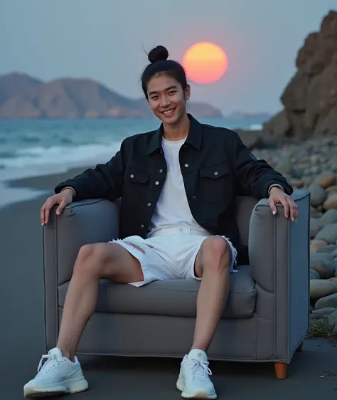 Photography realistis,The image features a hadsome Korean man, modern Bun hair red, clean face, wearing  modern trendy jacket t-shirt clothes , white Rifed short, shoes white sneaker, sitting, on the chair sofa a rocky beach with arms outstretched, set aga...