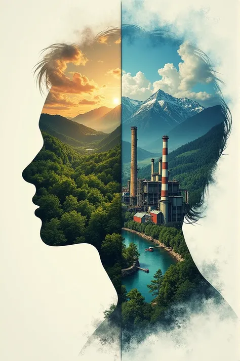 draw me a poster, (portrait) Left side of the face is a healthy environment with beutifull landscape and forest and mountains with beutifull scenery in the background. and the right side of the face is the opposite of it bad environment that has been devel...