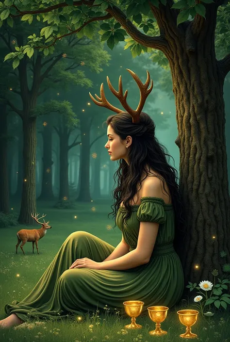  The “4 Cups” tarot card is made in fantasy style 

The centerpiece is a magical green forest ,where many fireflies are flying , A girl of 30 years old is sitting by a tree on the grass  , the girl's hair is dark, fluffy, wavy  ,  A girl is sitting with he...