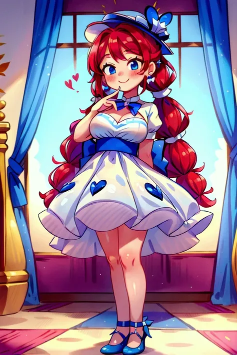 (masterpiece, best quality), 1girl, blue and white frill dress, red hair, two ponytails, cute face, blue eyes, standing, indoor, intricate detail, sunlight, elegant hat, sexy pose, blue and white shoes, earrings, elegant hand watch, smile, blush, fall in l...