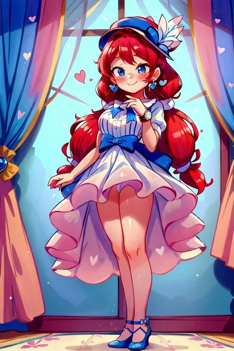 (masterpiece, best quality), 1girl, blue and white frill dress, red hair, two ponytails, cute face, blue eyes, standing, indoor, intricate detail, sunlight, elegant hat, sexy pose, blue and white shoes, earrings, elegant hand watch, smile, blush, fall in l...