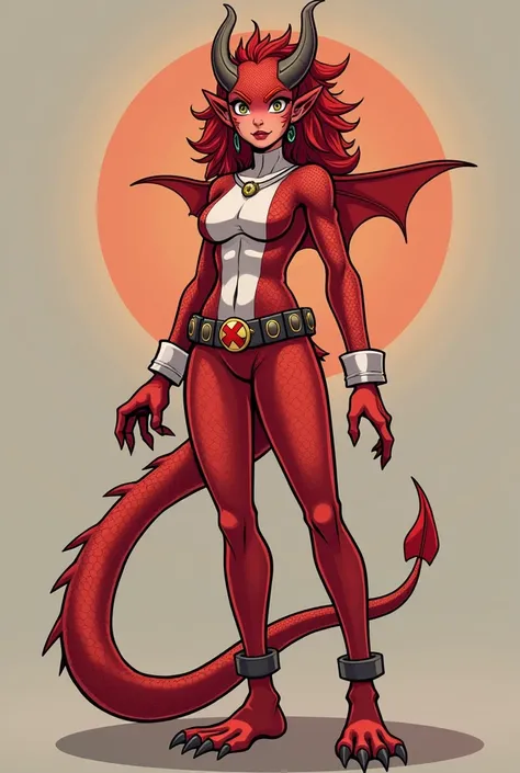 a cartoon picture of a woman dressed in a red and white outfit, hot reptile humanoid woman, as an anthropomorphic dragon, full body devil woman, dragon girl, but as an anthropomorphic dragon, anthro lizard, anthro gecko, monstergirl, snake woman hybrid, sf...