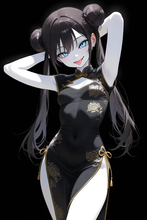 (Best Quality, Background Detail), Best Quality, Original Detail Dynamic Art, Anatomically Correct, Blue Eyes, Image from Waist, Aside, One Girl, Provocative Gaze, (Tongue Out), Evil Smile, (White Skin), Twin Tails in a Bun, Dark Hair, ((Black China Dress)...