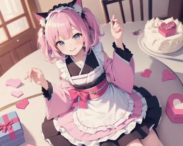 Top quality, high resolution, detailed, beautiful image quality, one girl, cute pale pink kimono, knee-length kimono, frilly maid apron, cat ears, lolicon feel, smiling face, cute design based on pink, sweet and dreamy atmosphere overall, candy, hearts, ca...