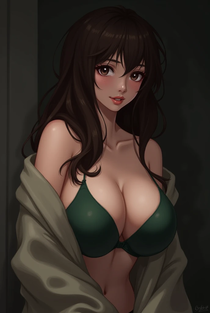 Long dark brown hair wears green bra with sweater big breasts anime 