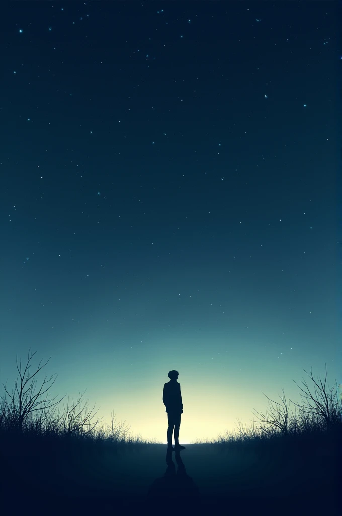 "A solitary shadow stretches across the ground beneath a star-filled night sky, where countless stars shimmer softly in the darkness. The shadow, mysterious and melancholic, stands in contrast to the gentle glow of the stars, as if they are offering silent...