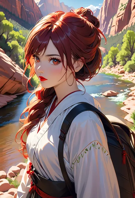 Josk River's Portrait of a Beautiful Woman with Hair  ,  double pan,   Zion National Park Hiking Trails, Bright red lips, (masterpiece) ( best quality) (  Details) (8k) ( high resolution) ( wallpaper) ( cinematic lighting ) ( sharp concentration) ( complic...