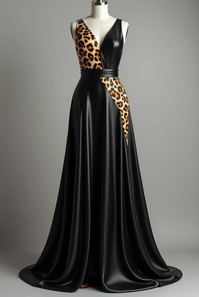 I want to create an image of a dress that is tight at the bust, loose around the waist, in black with leopard print details. With fabric that is fine and shiny